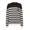 Balmain Striped Knit Wool Blend Sweater W/ Badge In Noir Naturel