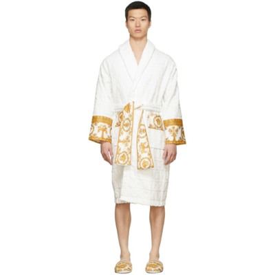 Versace Baroque-print Belted Cotton-towelling Robe In White