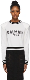 BALMAIN WHITE CROPPED LOGO CREWNECK SWEATER