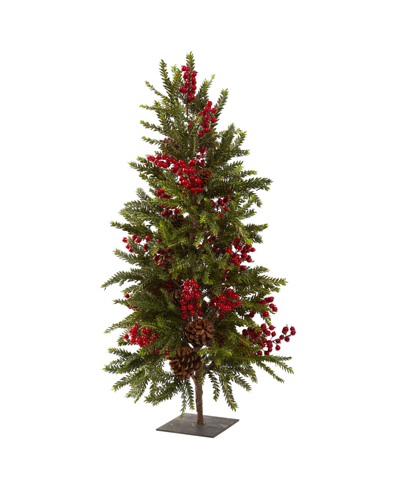 Nearly Natural 36" Pine And Berry Christmas Tree In Green