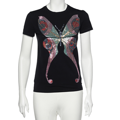 Pre-owned Emporio Armani Black Butterfly Print Cotton Sequins Top M