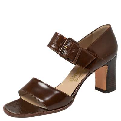 Pre-owned Ferragamo Brown Leather Buckle Straps Sandals Size 37.5