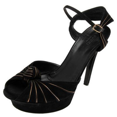 Pre-owned Gucci Black Suede Knot Detail Peep Toe Platform Sandals Size 38.5