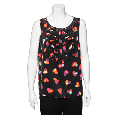Pre-owned Boutique Moschino Black Heart Print Silk Top L