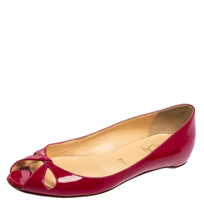 Pre-owned Christian Louboutin Pink Patent Leather Flat Peep-toe Ballet Flats Size 37.5