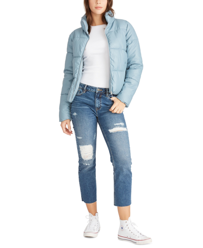 Vigoss Jeans Faux Leather Puffer Jacket In Dusty Blue