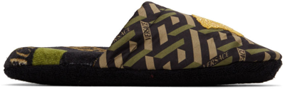 Versace Black & Khaki La Greca Slippers In Kakhi