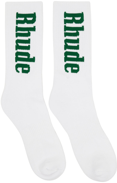 Rhude Men's Vertical Logo Cotton Crew Socks In White Forest