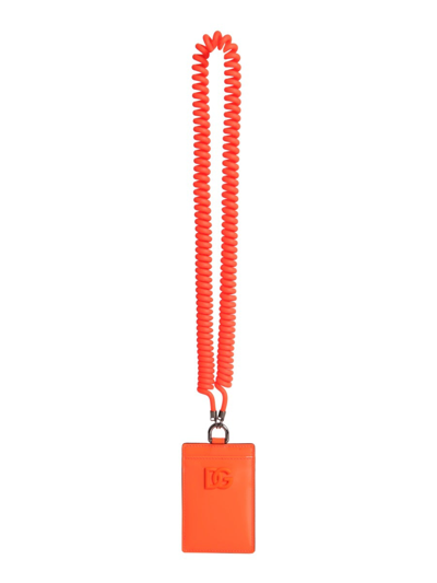 Dolce & Gabbana Leather Card Holder With Shoulder Strap In Orange
