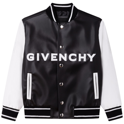 Givenchy Kids Bomber Jacket In Black And White Imitation Leather With Logo And 4g Motif