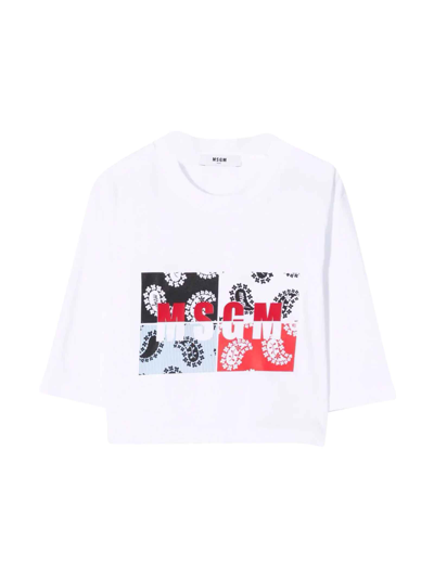 Msgm Teen Patchwork Logo-print 3/4-sleeve T-shirt In Bianca