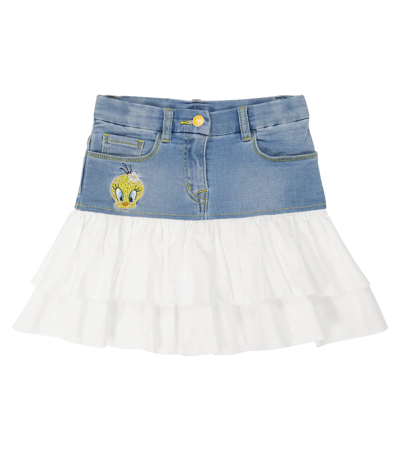 Monnalisa Kids' Cartoon Embroidery Ruffle Skirt In Blue