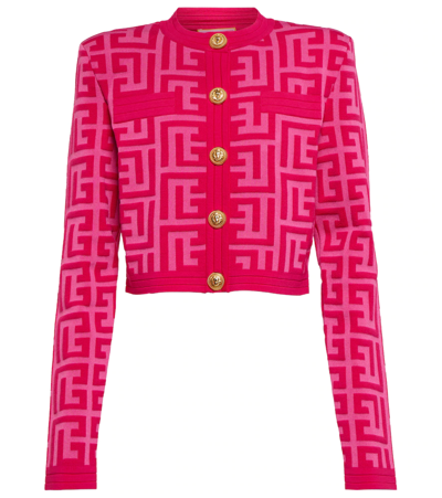 Balmain + Barbie Cropped Jacquard-knit Wool-blend Cardigan In Pink