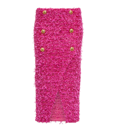 Balmain X Barbie Capsule 6-button Metallic Tweed Midi Skirt In Pink