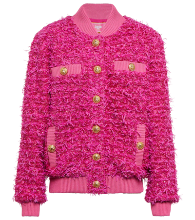 Balmain + Barbie Embellished Metallic Bouclé-tweed Bomber Jacket In Pink