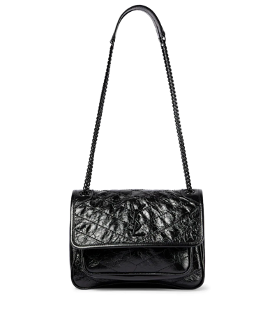 Saint Laurent Niki Medium Quilted Crinkled Glossed-leather Shoulder Bag In Black