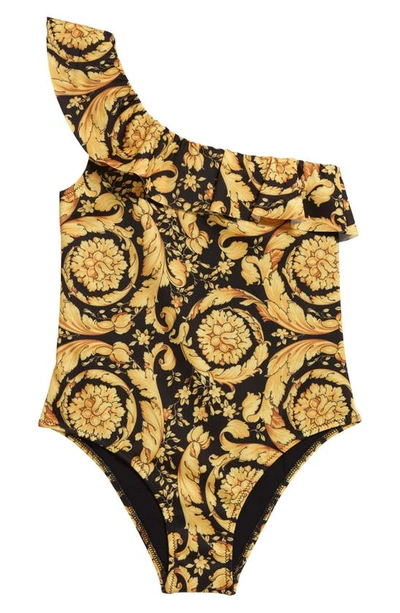 Versace Kids' Barocco Print One-shoulder One-piece Swimsuit In Gold