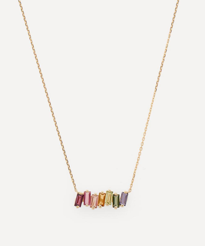 Suzanne Kalan 14ct Gold Rainbow Multi-stone Baguette Bar Pendant Necklace