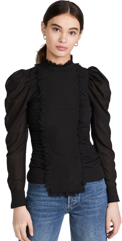 Ganni Dotted Georgette Paneled Blouse In Black