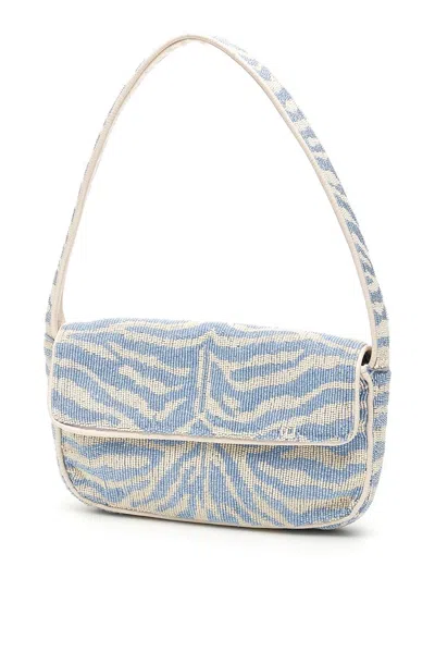 Staud Tommy Leather-trimmed Beaded Satin Shoulder Bag In Blue Cream