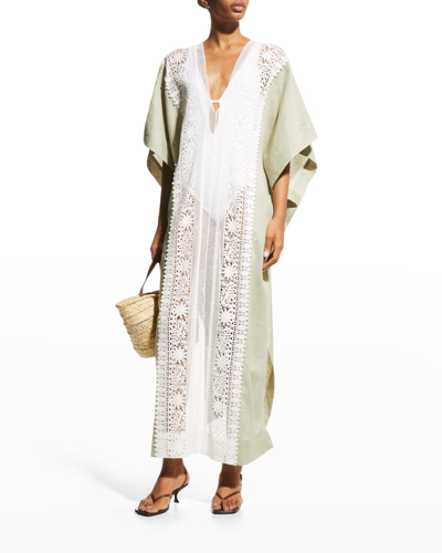 Miguelina Brea Linen Lace Maxi Caftan In Sage