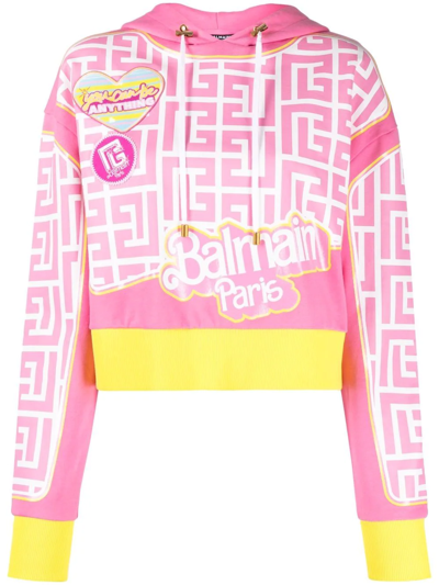 Balmain X Barbie Monogram-print Logo Cropped Hoodie In Pink