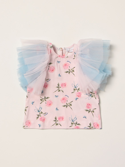 Monnalisa Babies' T-shirt With Floral Print And Tulle In White
