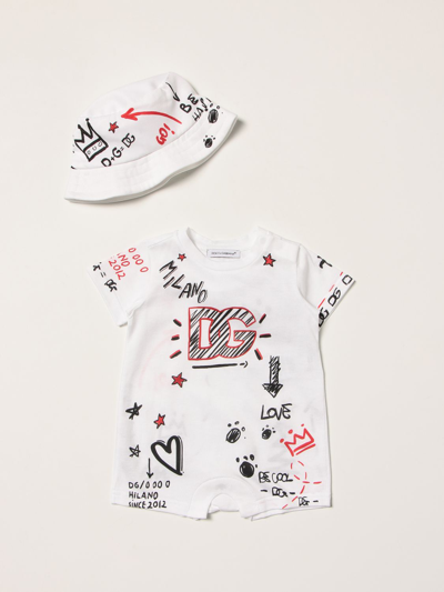 Dolce & Gabbana Babies' Onesie + Cap Set With Graffiti Print In White