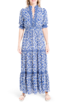 Max Studio Ruffle Collar Print Tiered Maxi Dress In Blue/ Black Ditsy Orchid