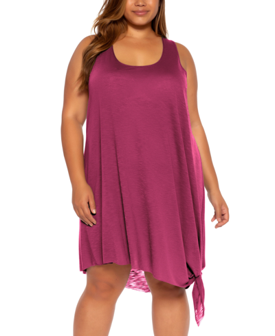 Becca Etc Plus Size Tie-hem Sleeveless Tunic Dress Women's Swimsuit In Pomegranate