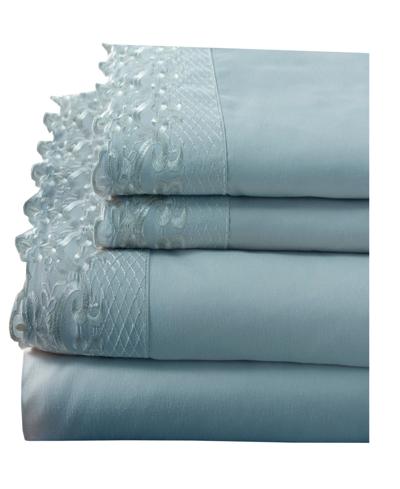 Elite Home Lace 4 Piece Sheet Set With Bonus Pillowcases, Queen Bedding In Spa Blue