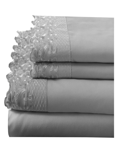 Elite Home Lace 4 Piece Sheet Set With Bonus Pillowcases, Queen Bedding In Gray