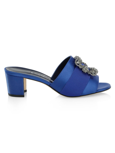 Manolo Blahnik Martanew Satin Crystal-buckle Mule Sandals In Blue