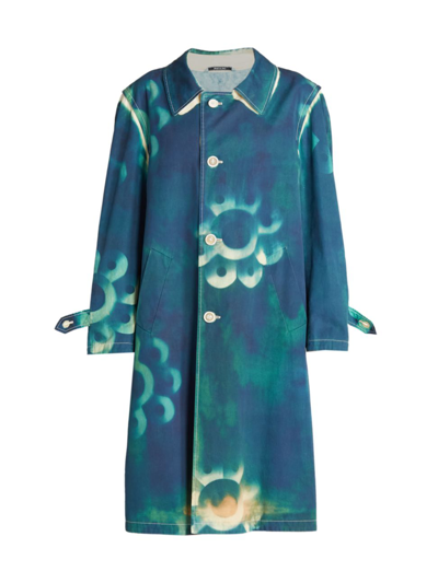 Maison Margiela Printed Cotton Canvas Midi Coat In Teal Blue