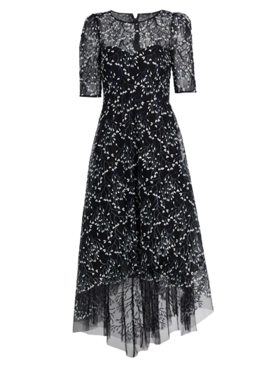 Teri Jon By Rickie Freeman Floral Bead-embellished Midi-dress In Black Multi