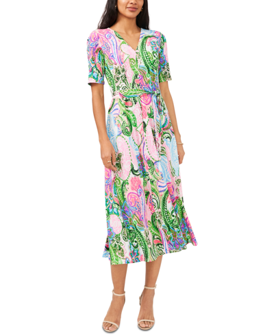 Msk Paisley-print Fit & Flare Dress In White/pink