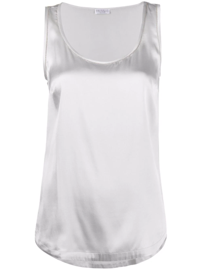 Brunello Cucinelli Sleeveless Round Neck Top In Stretch Silk In Grey