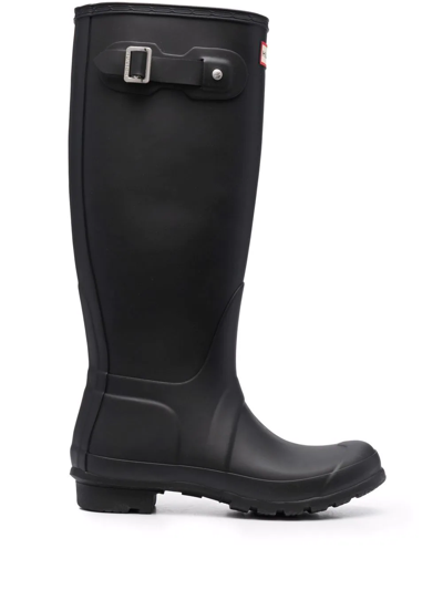 Hunter Womens Embossed Side Buckled Round Toe Mid-calf Rainboots Black