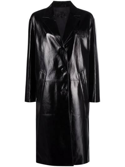 Prada Logo Embossed Leather Coat In Black