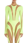 Mugler Sheer Detail Bodysuit Neon Yellow Nude 02 In Neon Yellow / Nude 01
