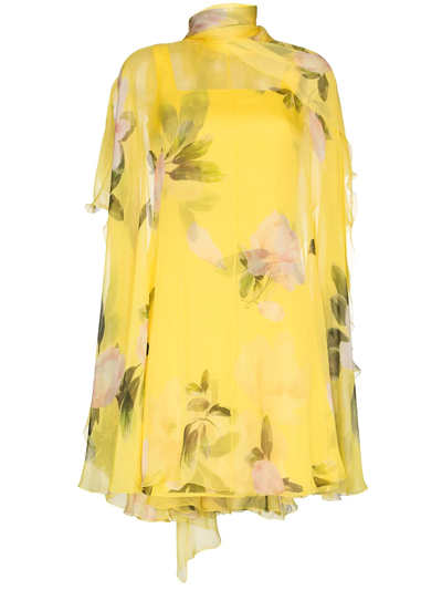 Valentino Peonia Reediton Cape-style Dress In Yellow/multicolor