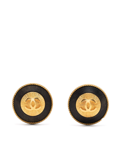 Pre-owned Chanel 1994 Cc Button Clip-on Earrings In Black