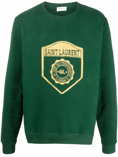 Saint Laurent Logo-flocked Cotton-jersey Sweatshirt In Green