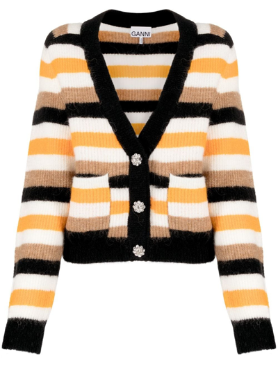 Ganni Horizontal-stripe V-neck Cardigan In White,orange,black,brown