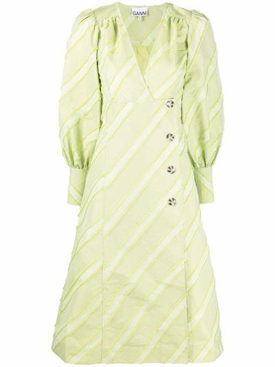Ganni Striped V-neck Taffeta Midi Dress In Green