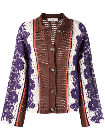 Valentino Lace-paneled Striped Crocheted Cotton Cardigan In Brown/multicolor