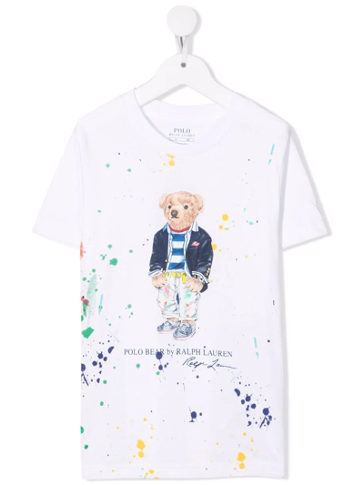 Ralph Lauren Kids' Cotton Polo Bear Paint-splatter T-shirt In White