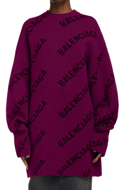 Balenciaga Oversized Logo-intarsia Jumper In Purple/ Black