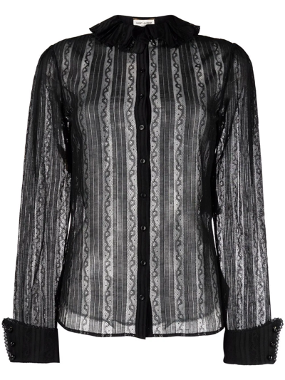 Saint Laurent Frilled-neck Lace Shirt In Black