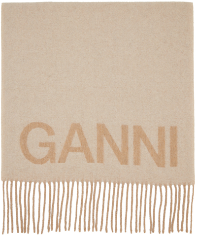 Ganni Beige Wool Scarf With Logo In White